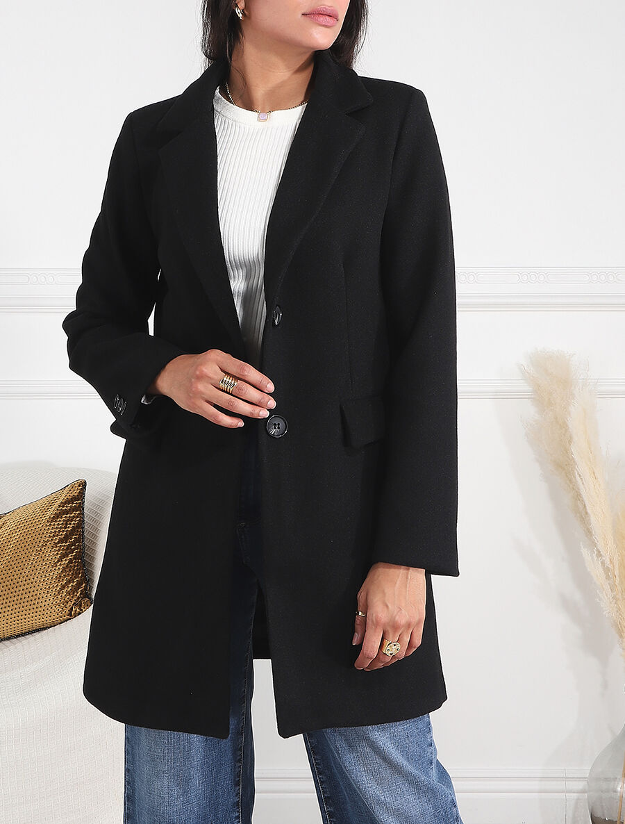 Manteau long croisé boutonné - Noir - 4