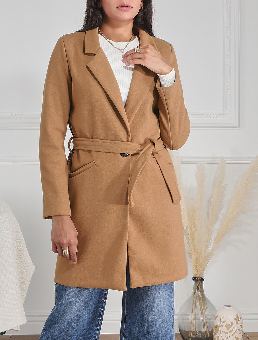 Manteau long croisé ceinturé - Camel - 4