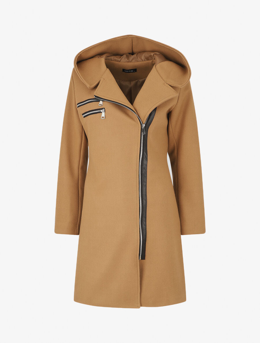 Manteau long zippé à capuche - Camel - 1