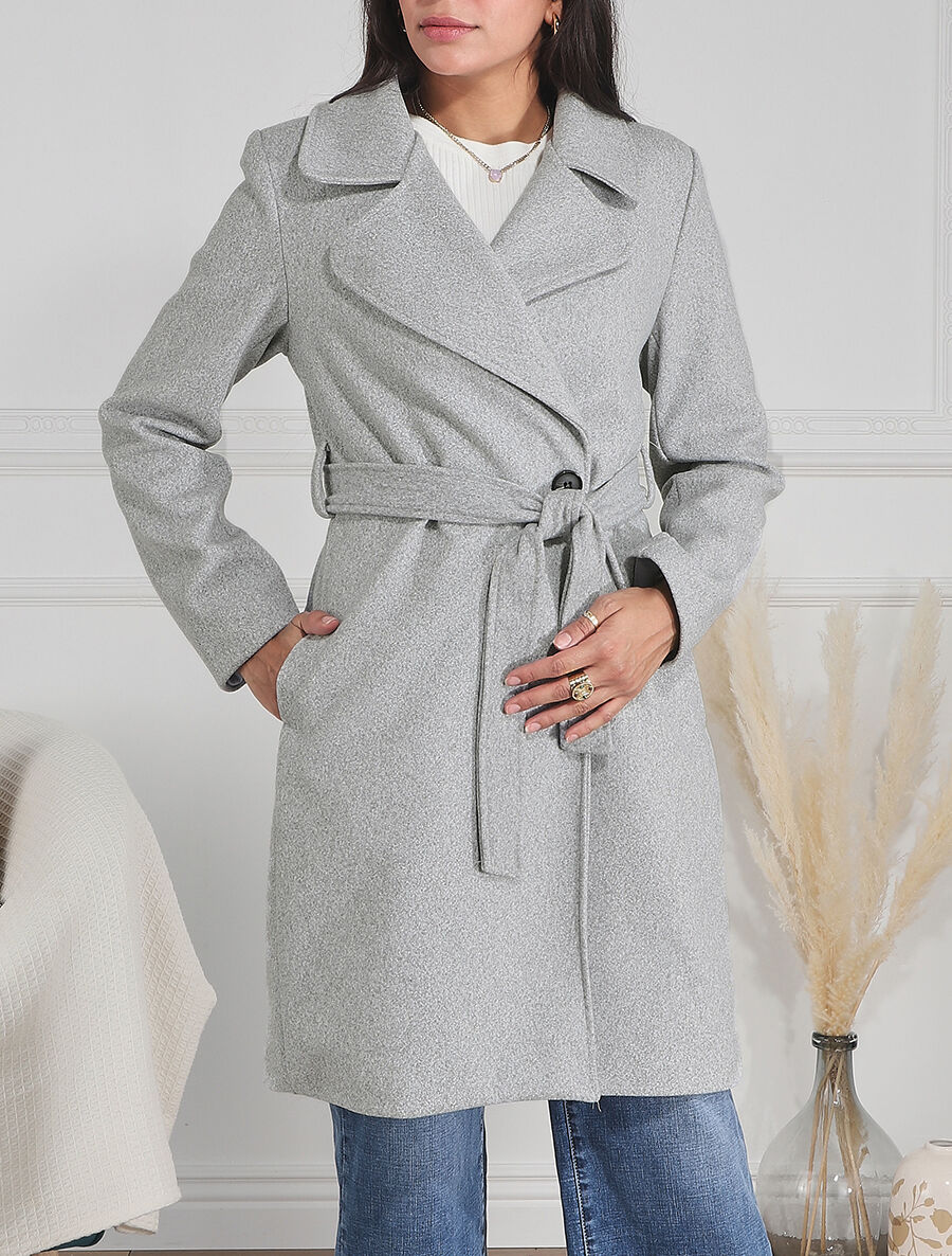 Manteau long ceinturé à col cranté - Gris chiné - 4