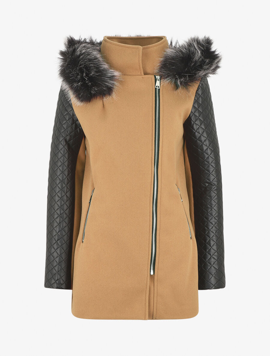 Manteau à capuche et à manches en simili - Camel - 5