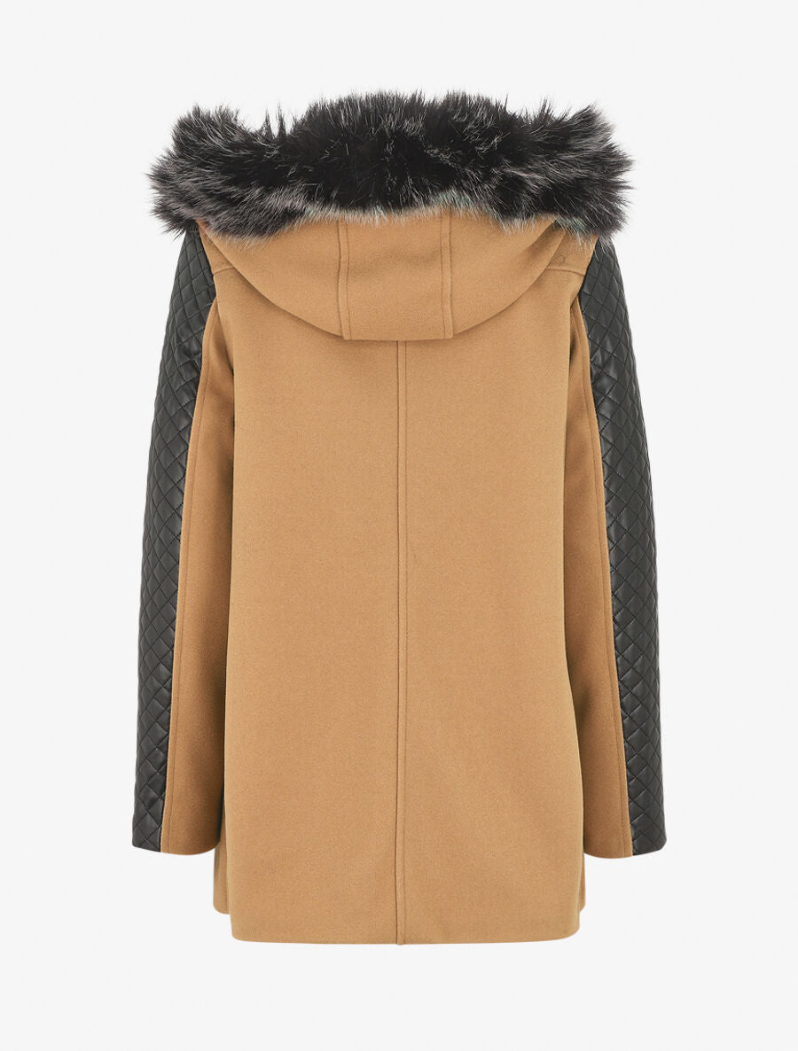 Manteau à capuche et à manches en simili - Camel - 2