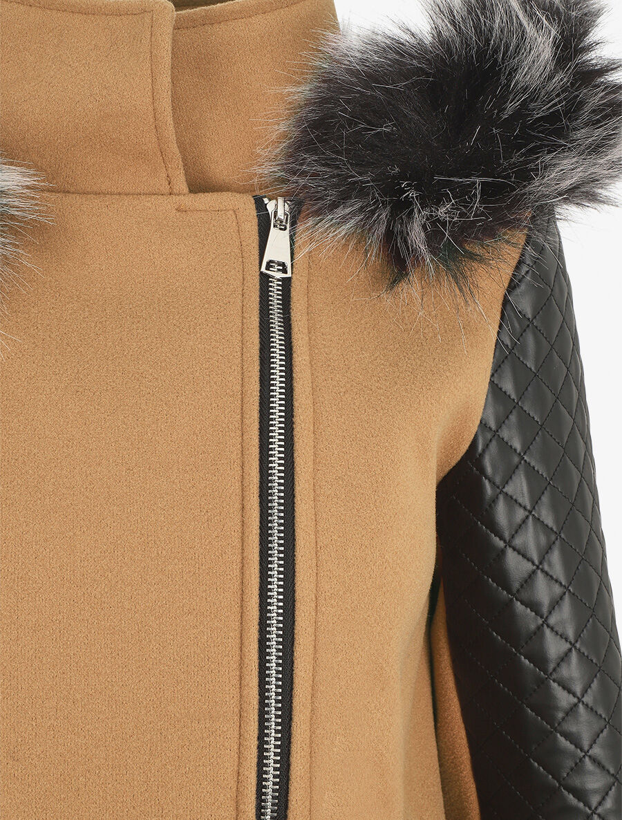 Manteau à capuche et à manches en simili - Camel - 3