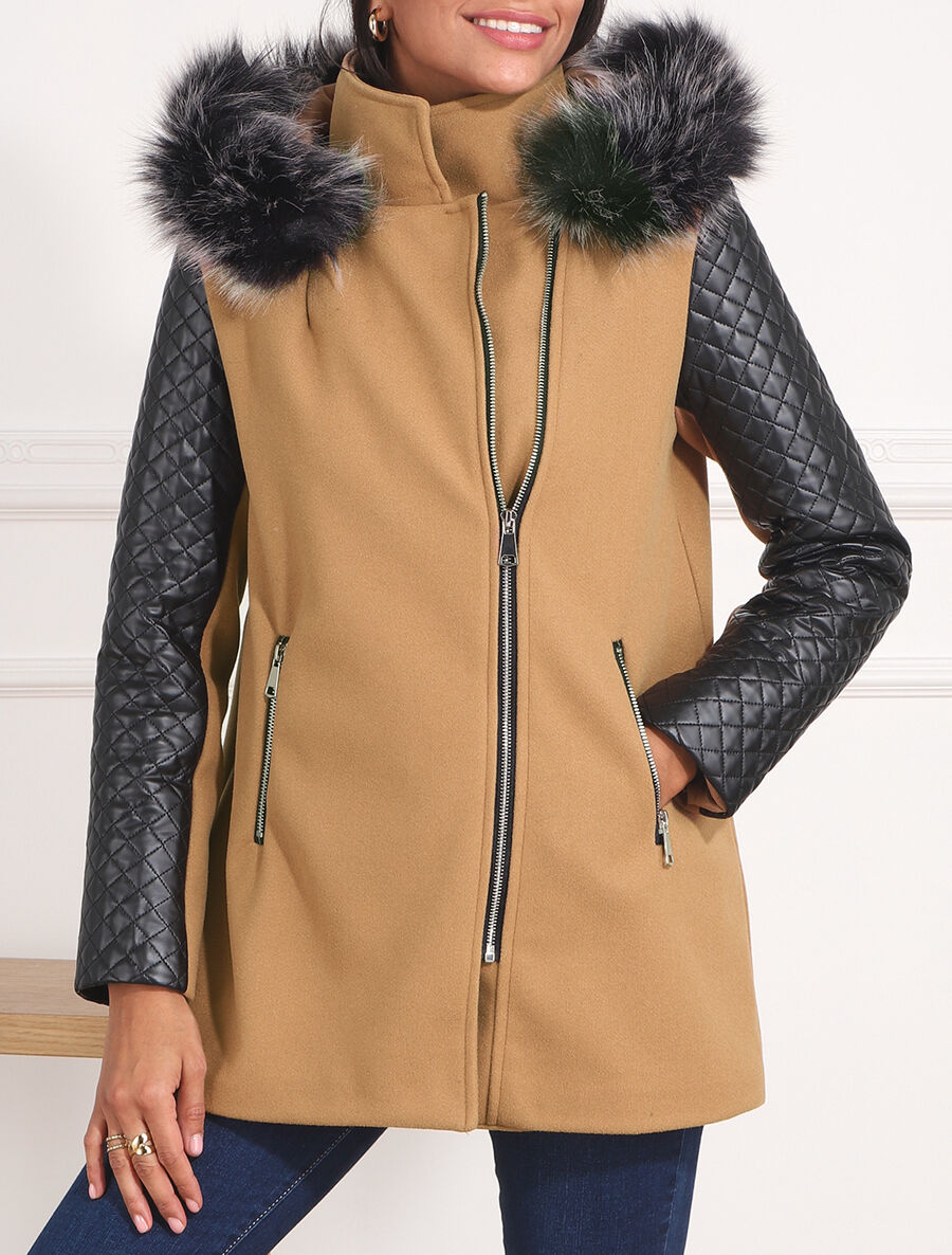 Manteau à capuche et à manches en simili - Camel - 4