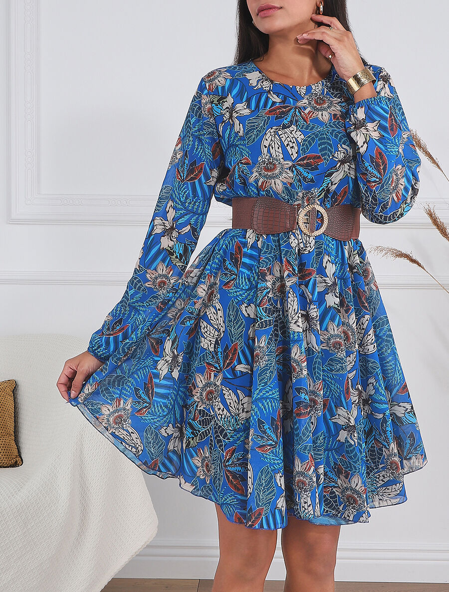 Robe patineuse imprimé orchidées - Bleu roi - 4