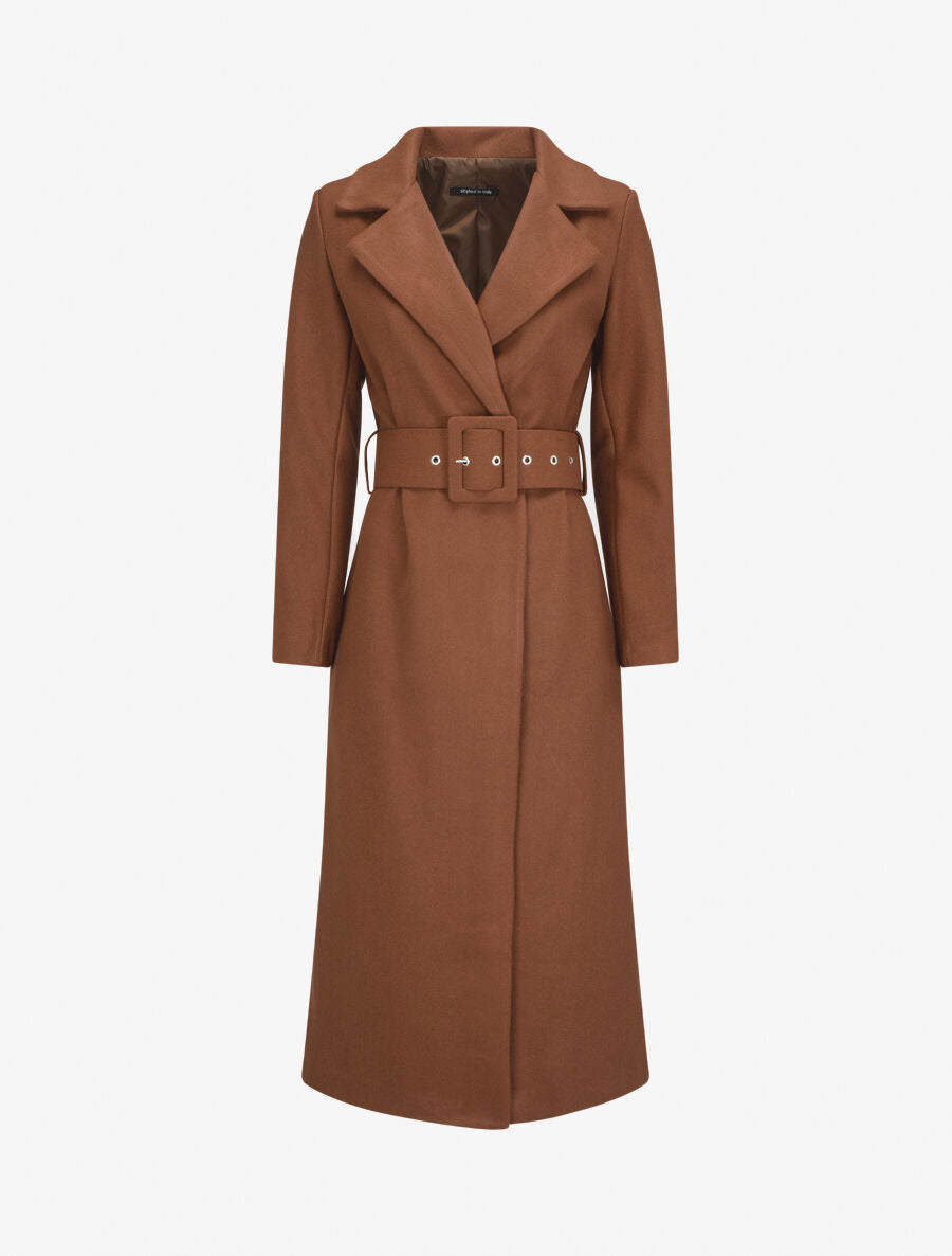 Manteau long boutonné et ceinturé - Marron - 5