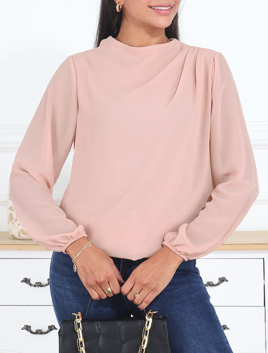 Top uni à col drapé - Rose - 4