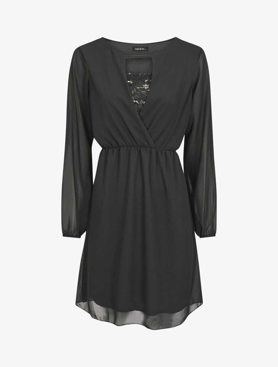 Robe taille élastiquée à détail dentelle - Noir - 1