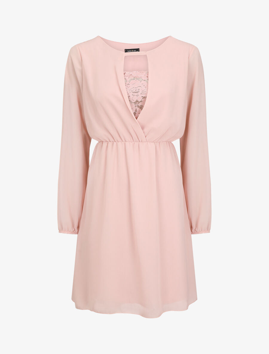 Robe taille élastiquée à détail dentelle - Rose - 5