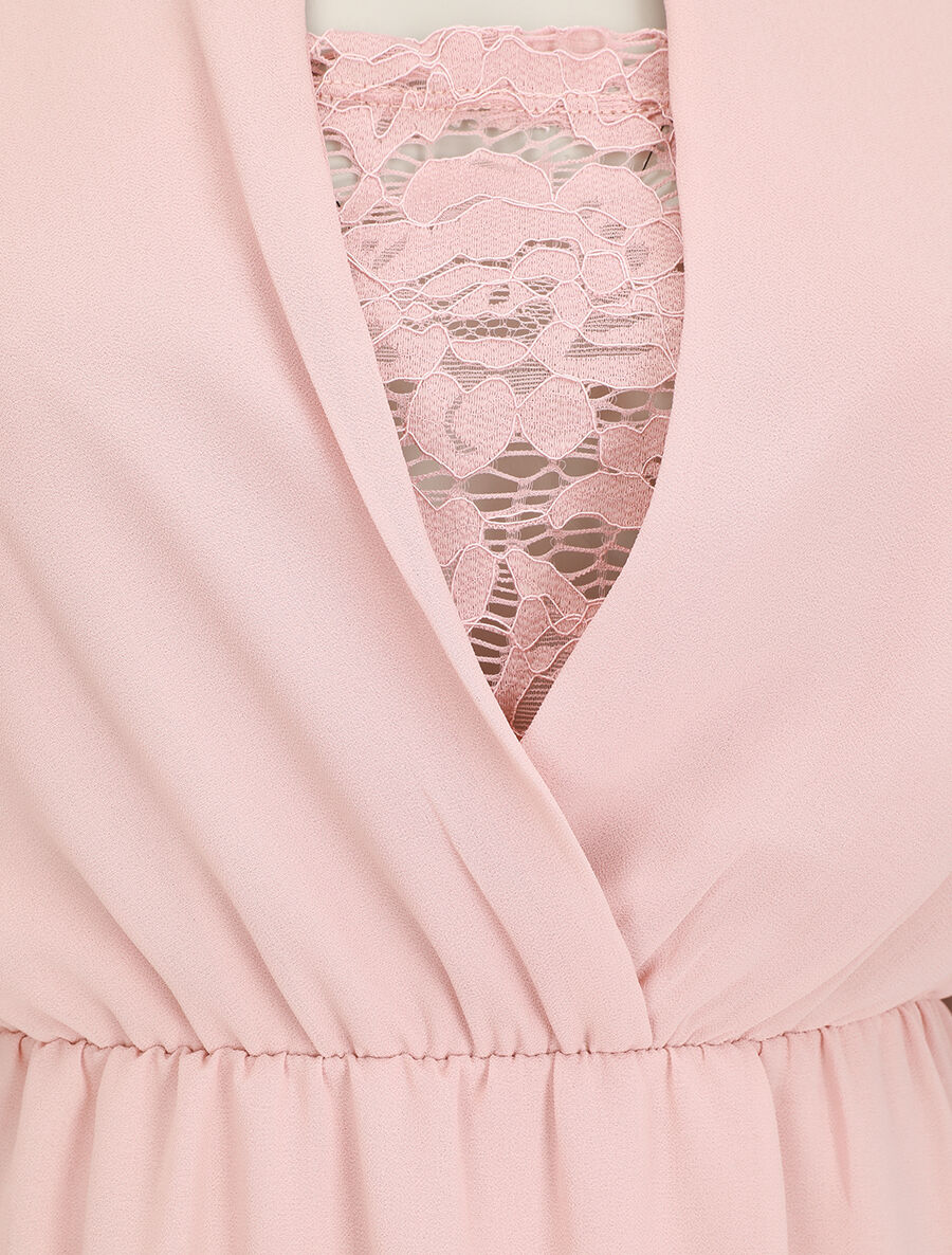 Robe taille élastiquée à détail dentelle - Rose - 3