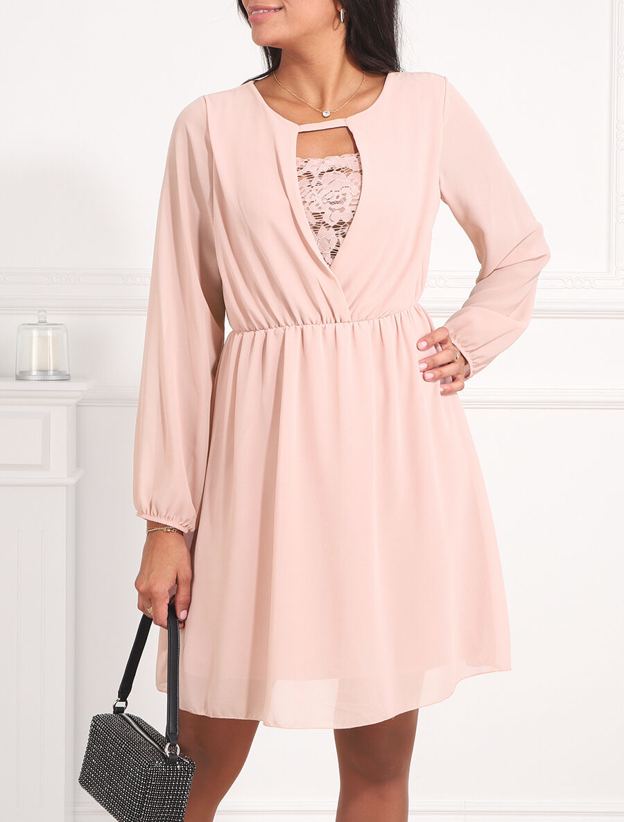Robe taille élastiquée à détail dentelle - Rose - 4
