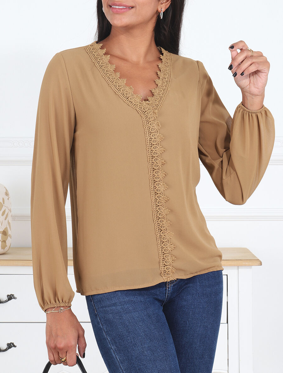 Blouse en voile unie à col brodé - Camel - 4