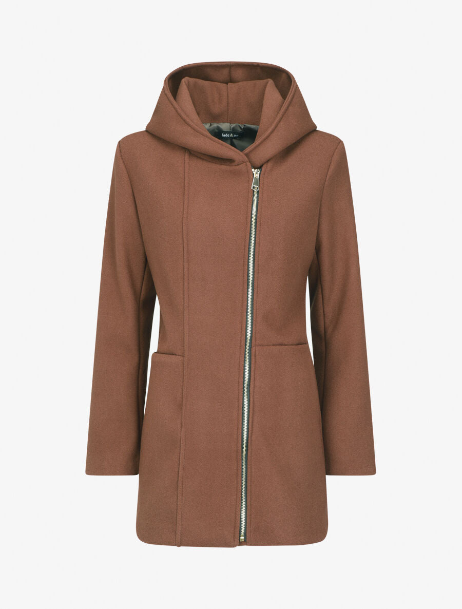 Manteau mi-long zippé à capuche - Marron - 1