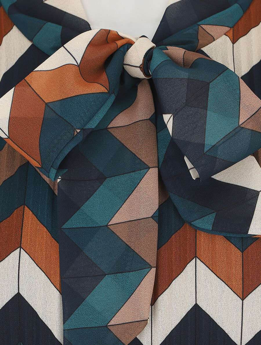 Blouse lavallière plissée imprimé zig-zag - Bleu canard - 3