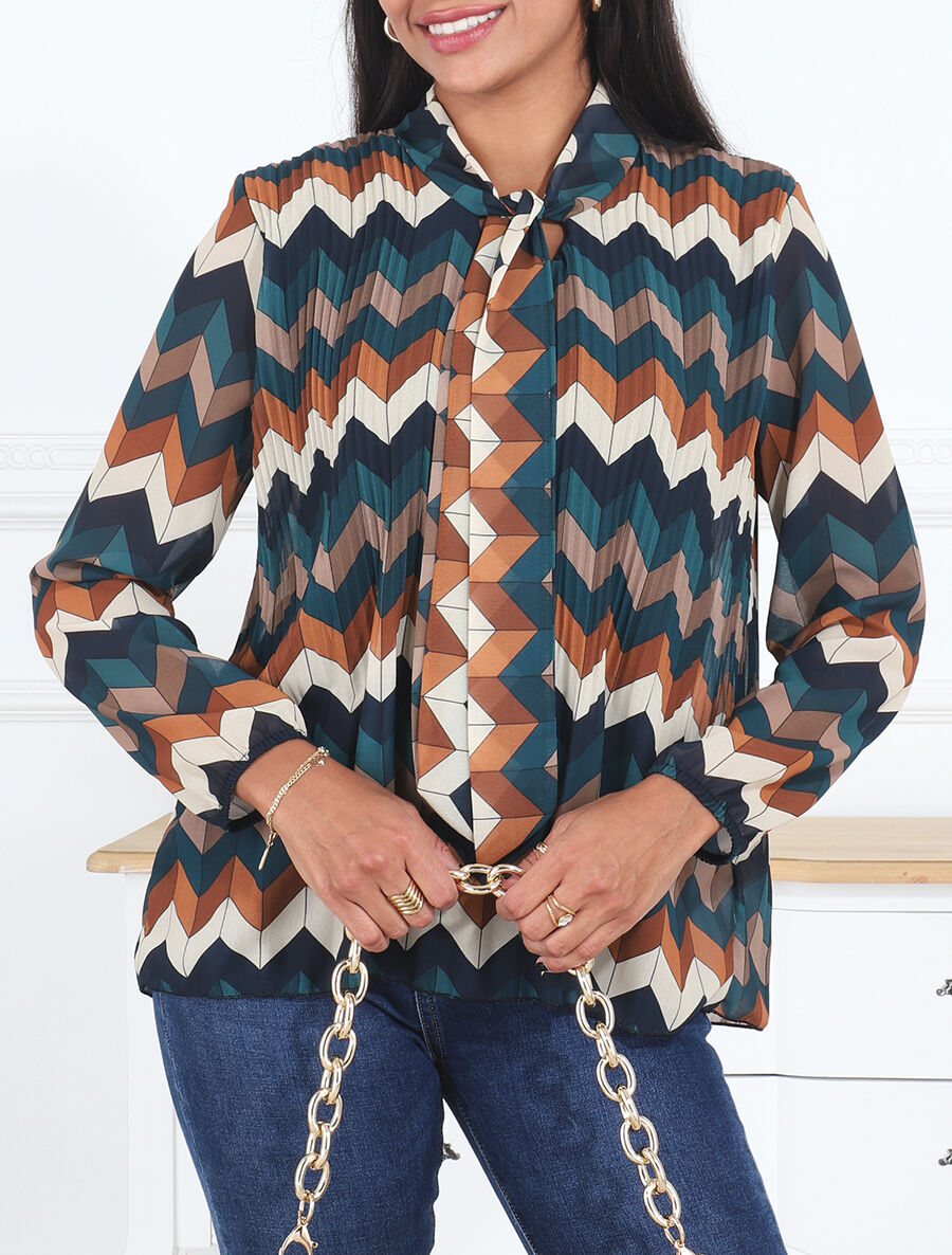 Blouse lavallière plissée imprimé zig-zag - Bleu canard - 4
