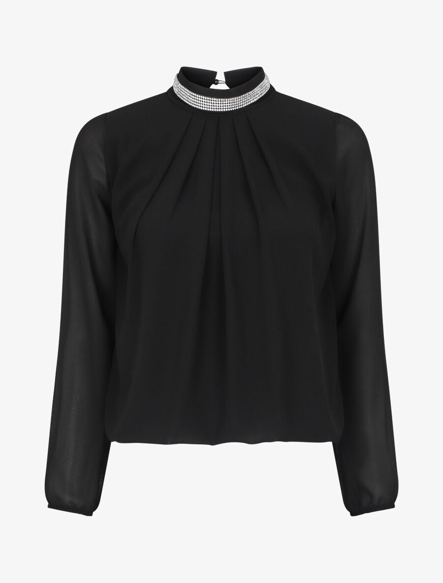 Top en voile uni à col bijoux - Noir - 5