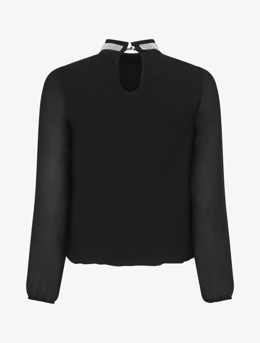 Top en voile uni à col bijoux - Noir - 2
