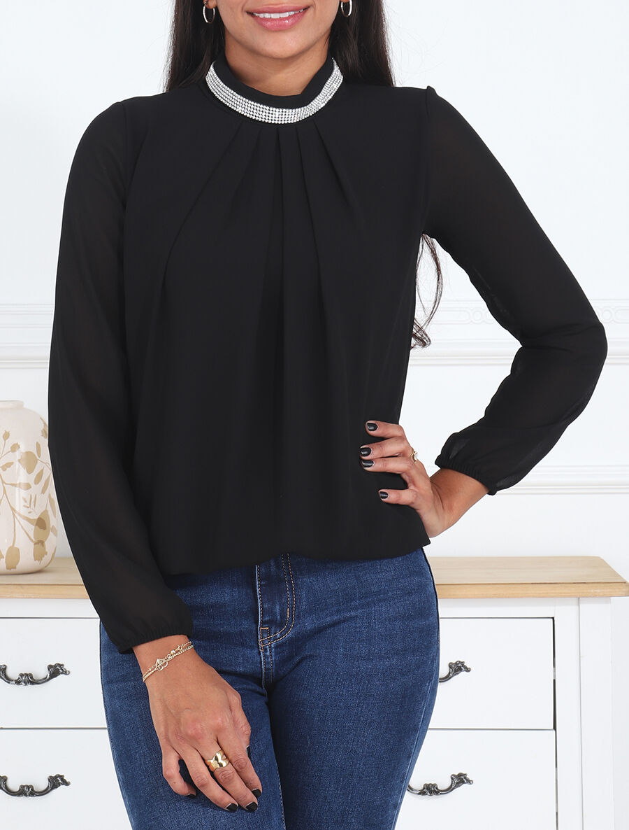 Top en voile uni à col bijoux - Noir - 4