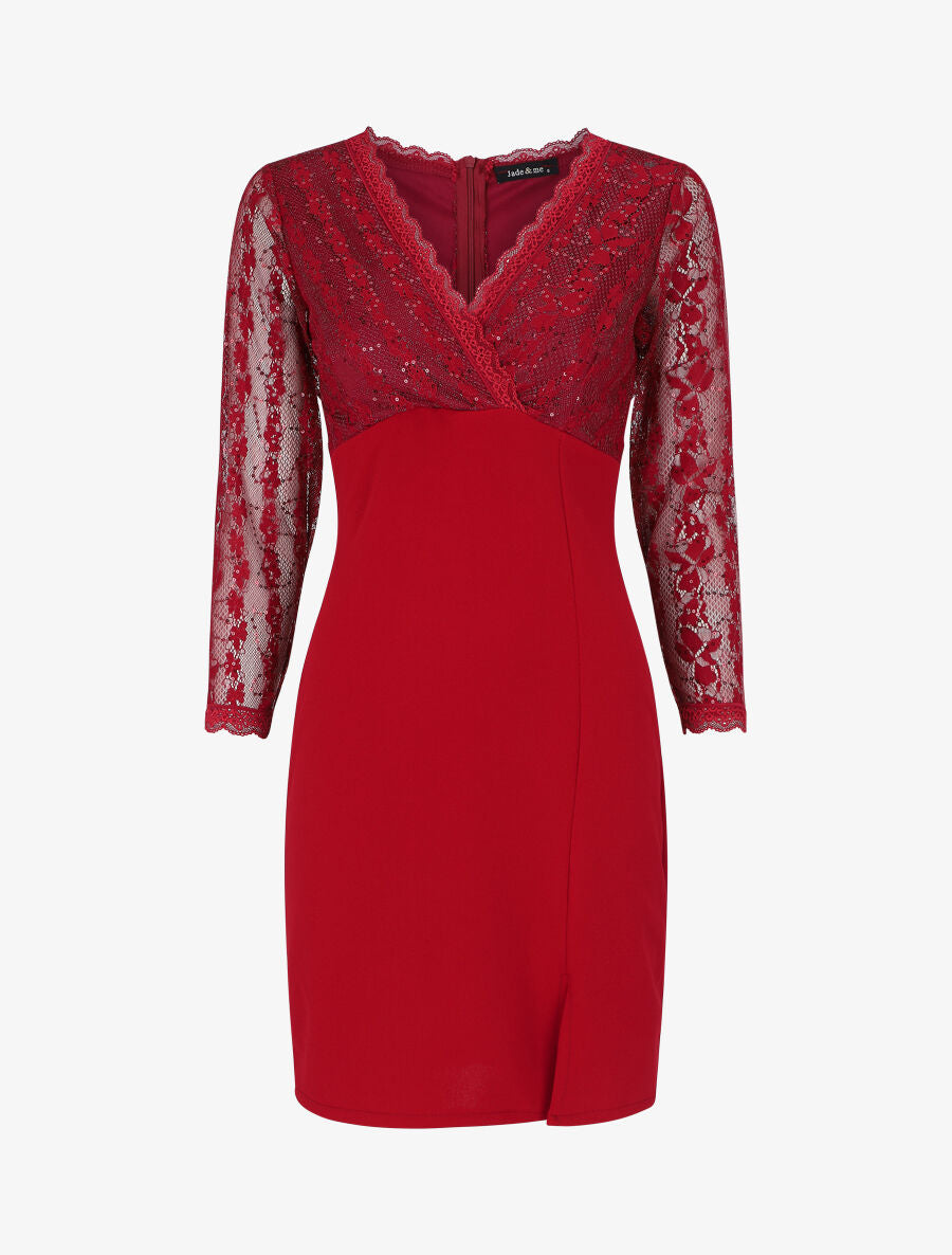 Robe droite à buste et manches en dentelle et sequins - Bordeaux - 5
