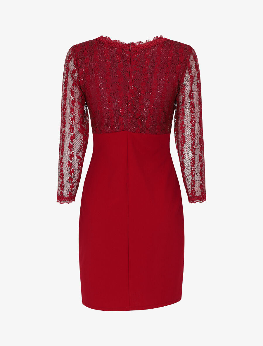 Robe droite à buste et manches en dentelle et sequins - Bordeaux - 2