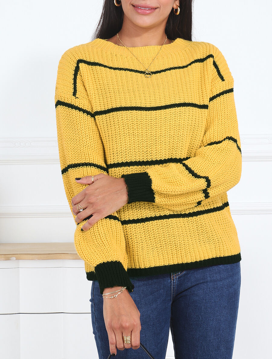 Pull en maille à imprimé rayures - Jaune moutarde - 4