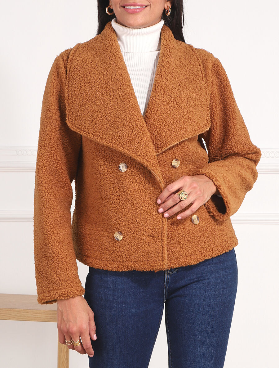 Manteau court en maille bouclette - Camel - 3