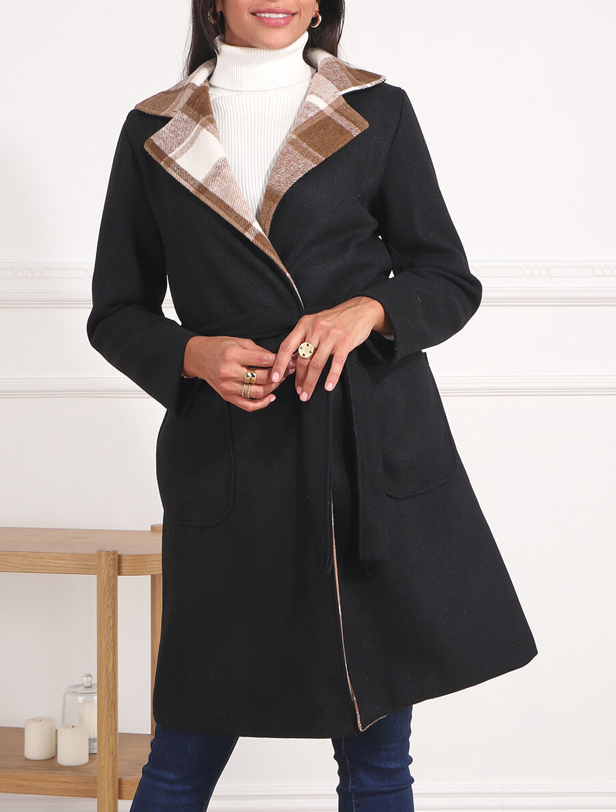 Manteau long à col imprimé carreaux - Noir - 4