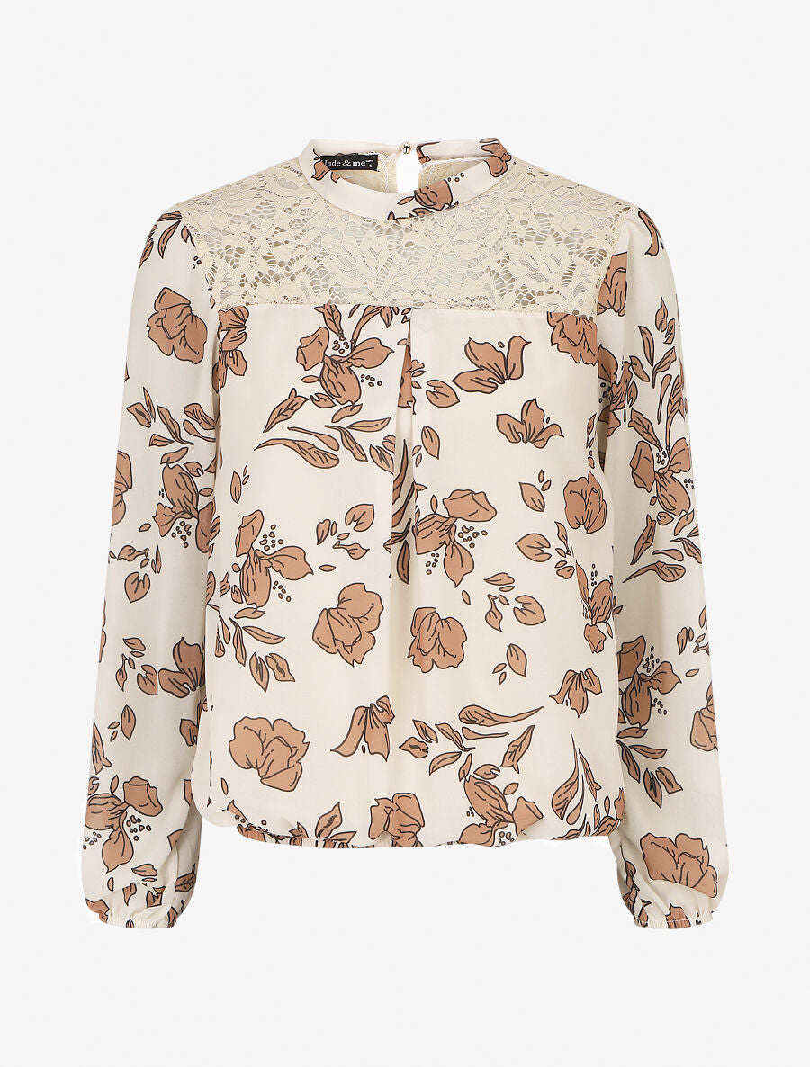 Blouse manches longues à dentelle et imprimé floral - Beige - 1