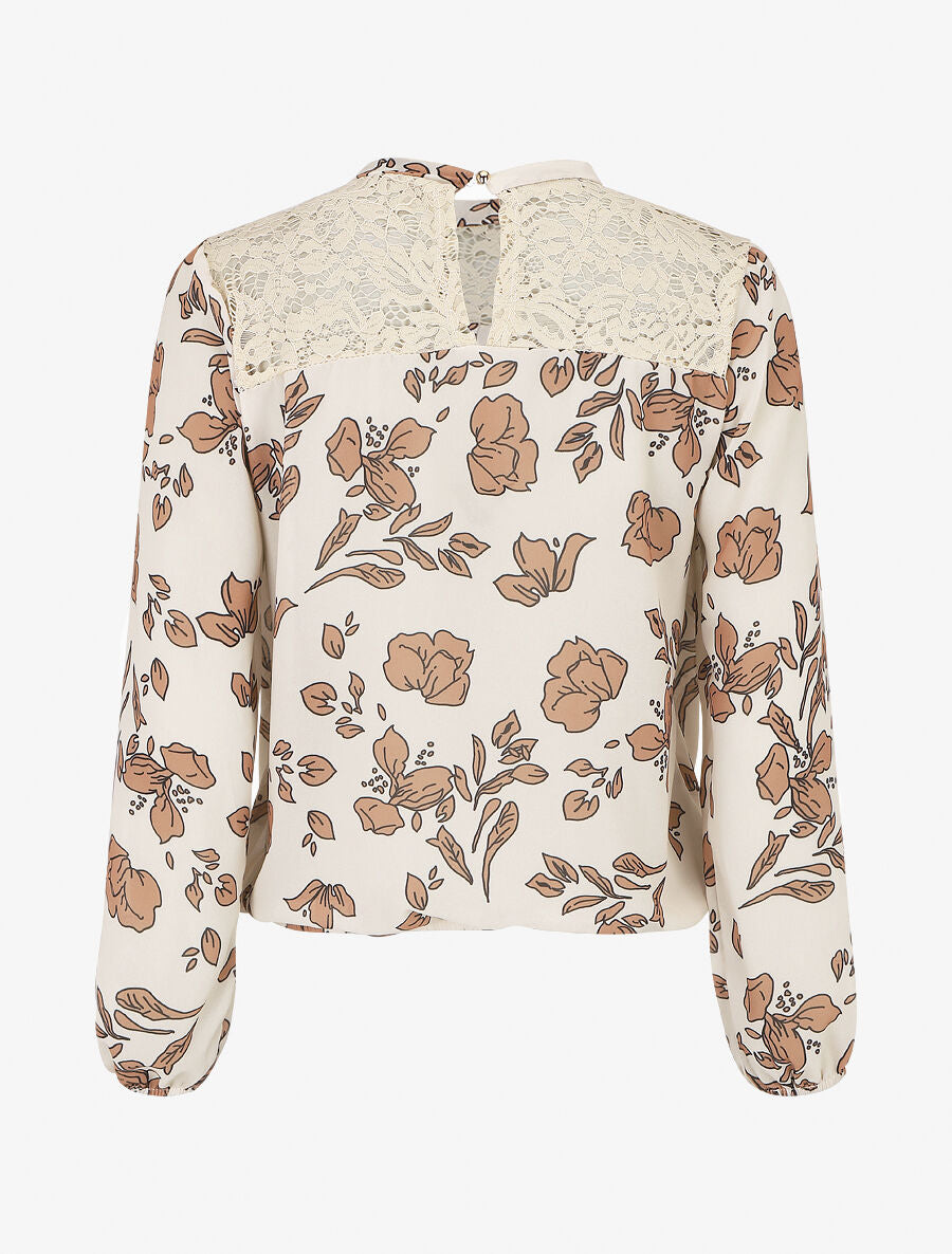 Blouse manches longues à dentelle et imprimé floral - Beige - 2