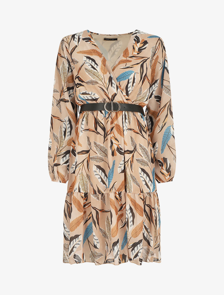 Robe mi-longue manches longues imprimé feuilles - Beige - 5