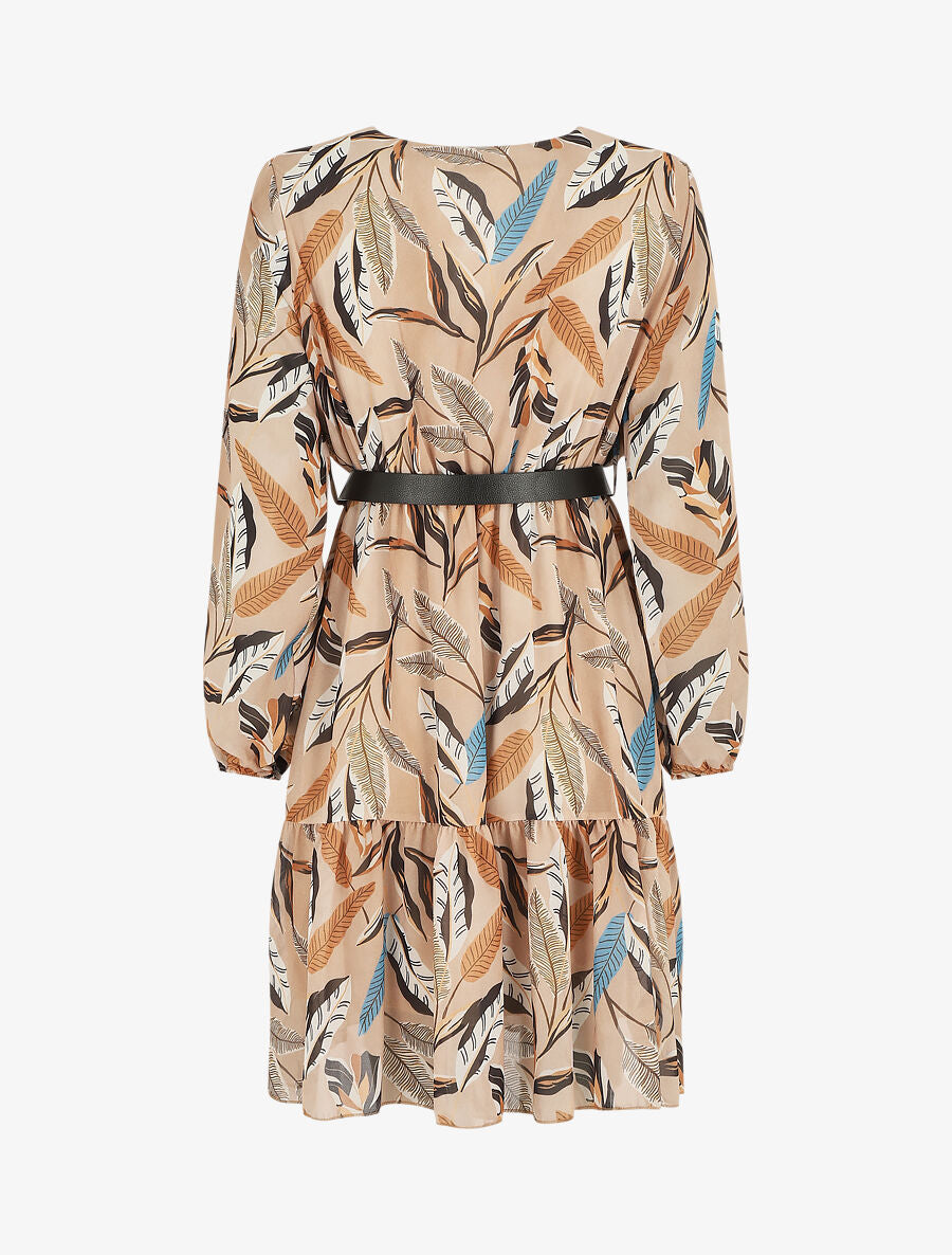 Robe mi-longue manches longues imprimé feuilles - Beige - 2