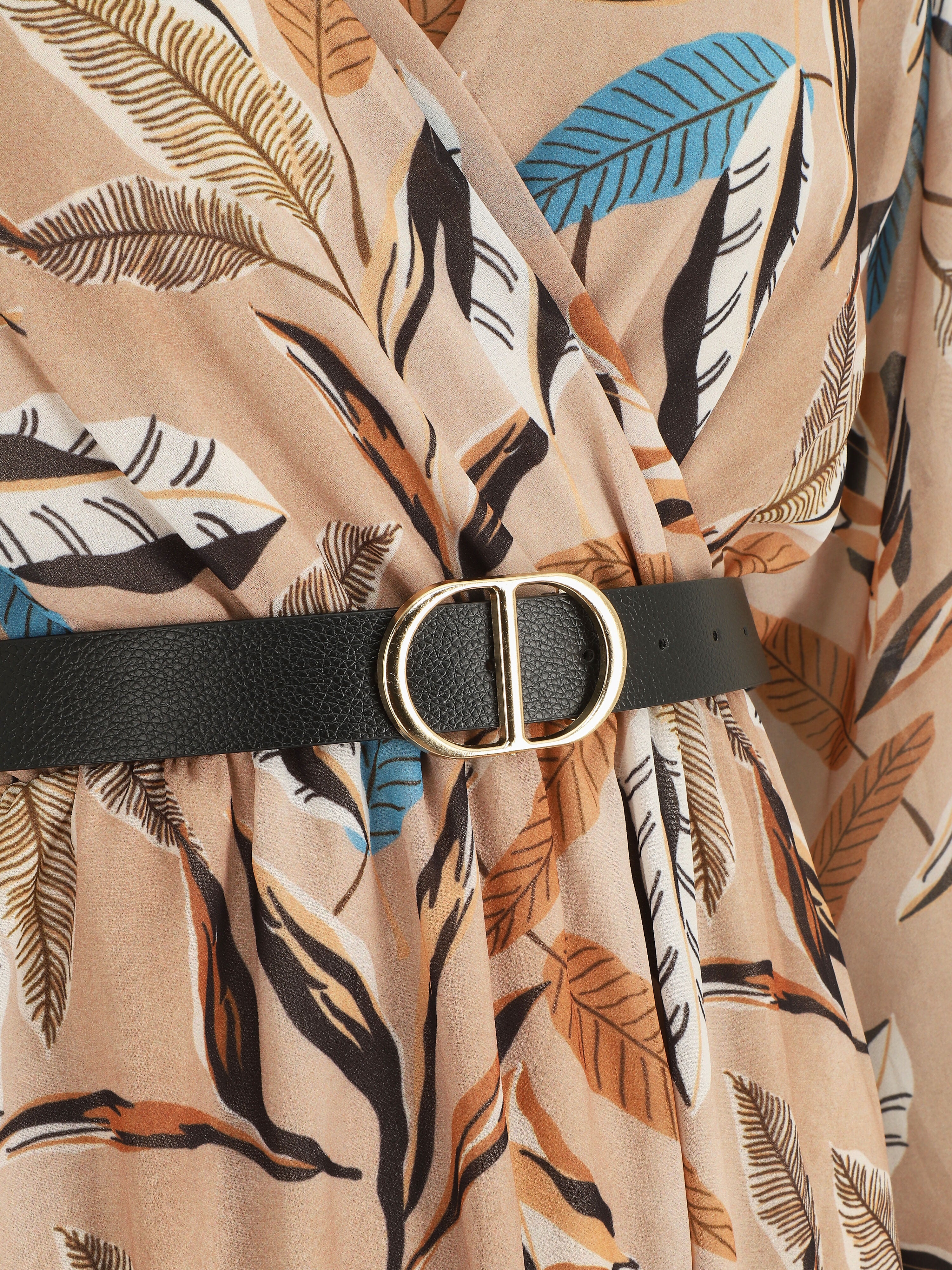 Robe mi-longue manches longues imprimé feuilles - Beige - 3
