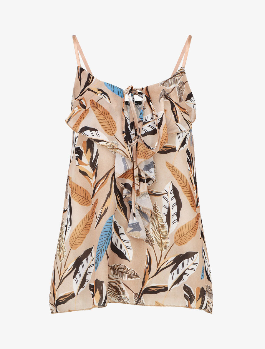 Caraco imprimé feuilles col à volants - Beige - 5