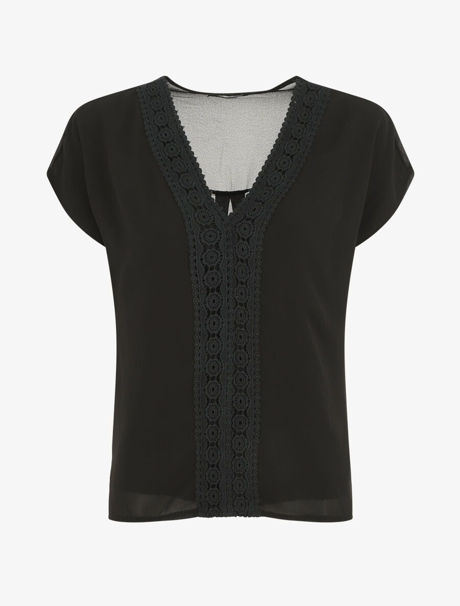 Top uni en voile et broderies - Noir - 1