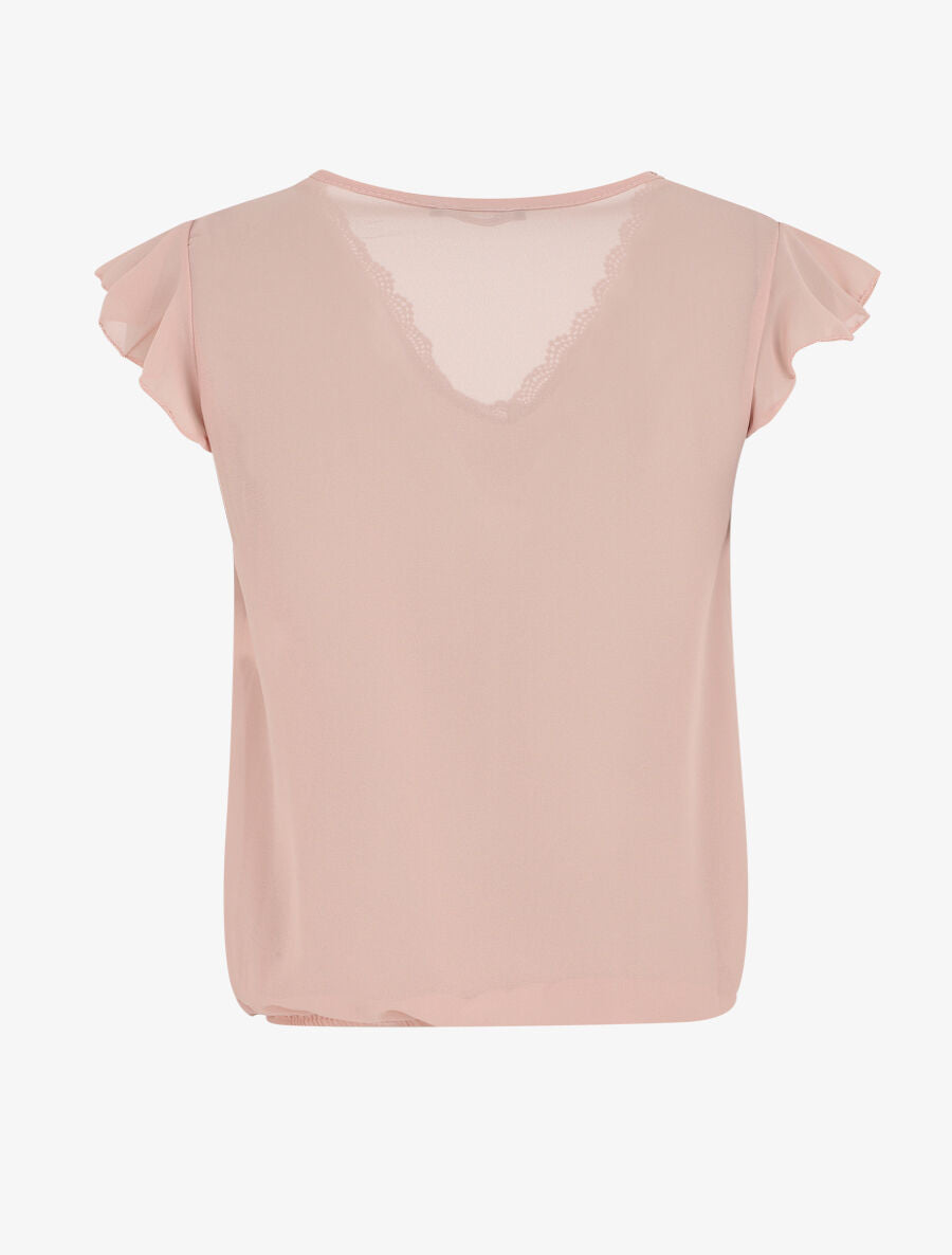 Top uni à mancherons col V en dentelle - Rose poudré - 2