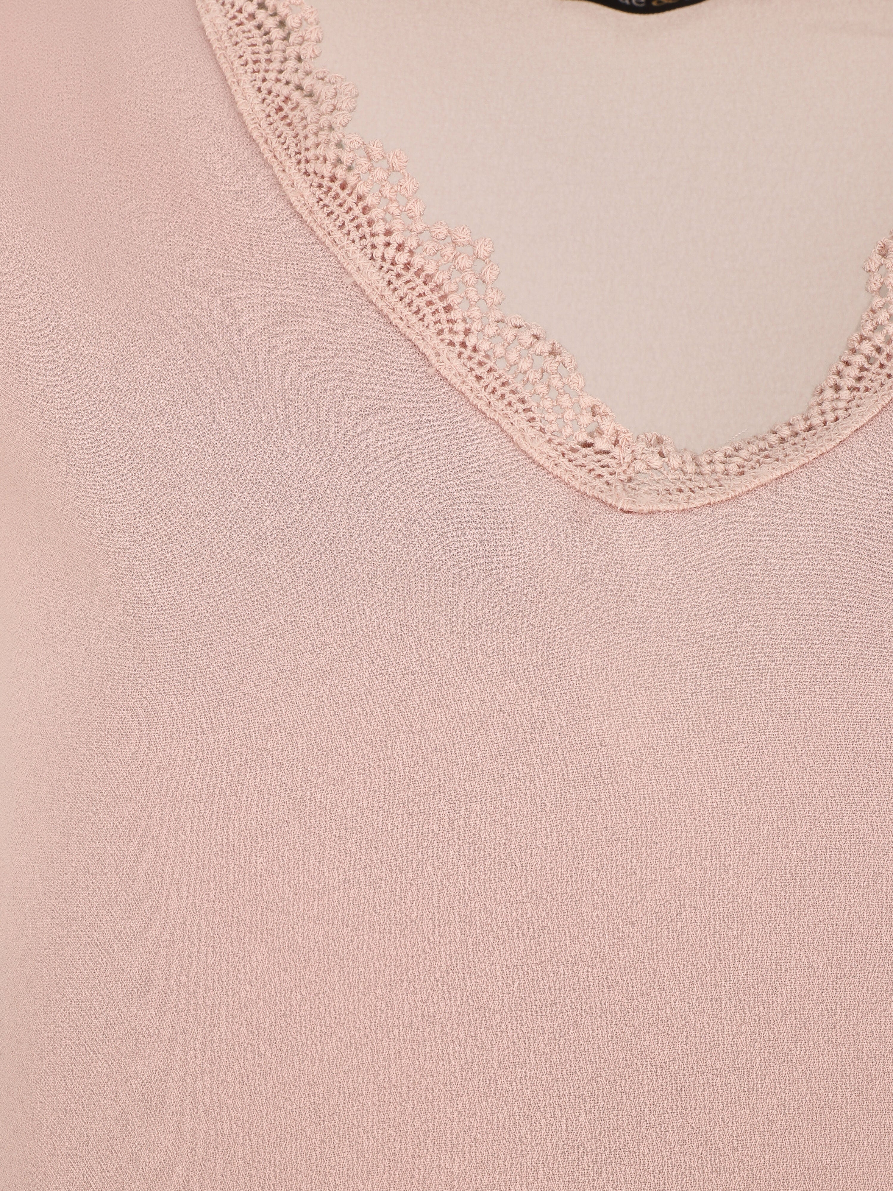 Top uni à mancherons col V en dentelle - Rose poudré - 3