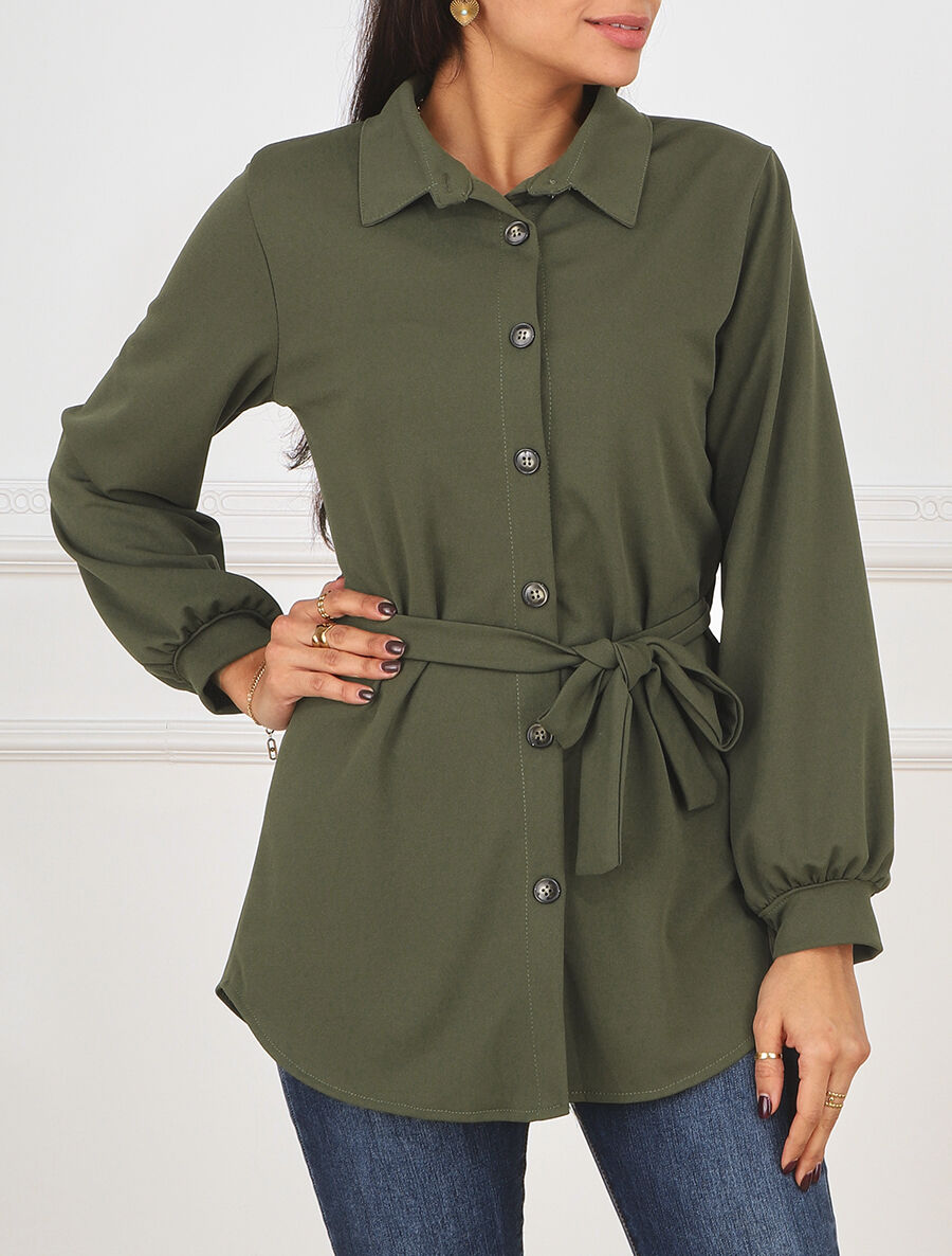 Chemise unie ceinturée oversize - Kaki - 4