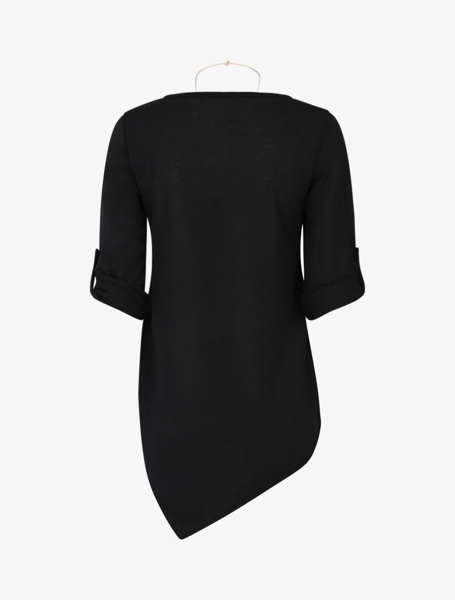 Pull fin asymétrique à manches retroussables - Noir - 2