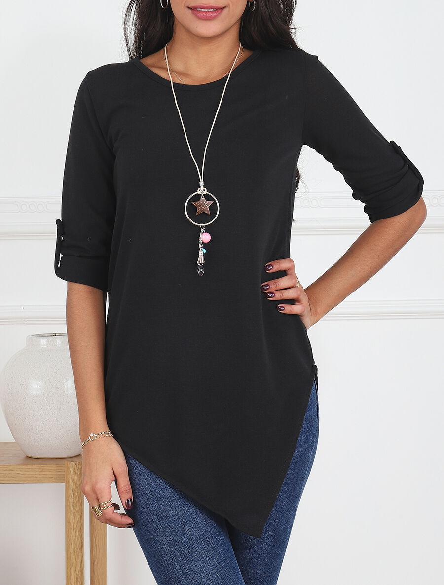 Pull fin asymétrique à manches retroussables - Noir - 4