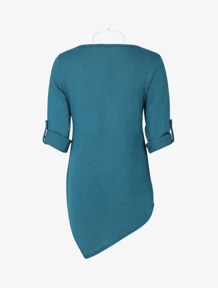 Pull fin asymétrique à manches retroussables - Bleu canard - 2