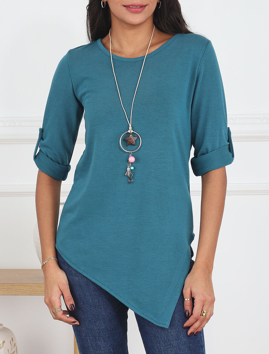 Pull fin asymétrique à manches retroussables - Bleu canard - 4