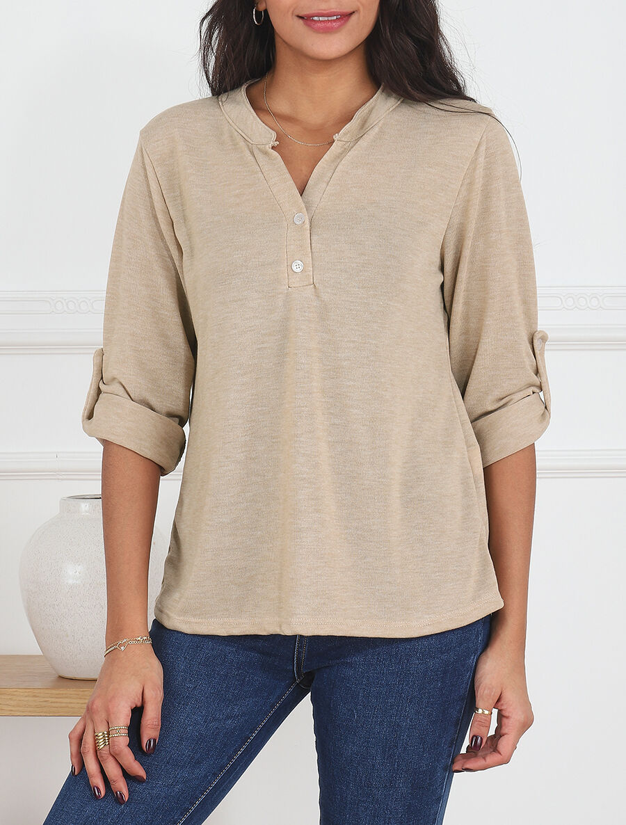 Pull uni fin à manches retroussables - Beige - 4
