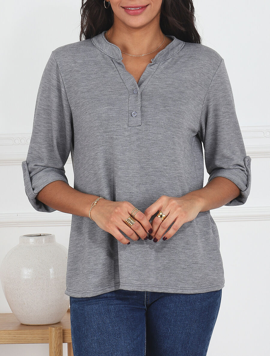 Pull uni fin à manches retroussables - Gris - 4