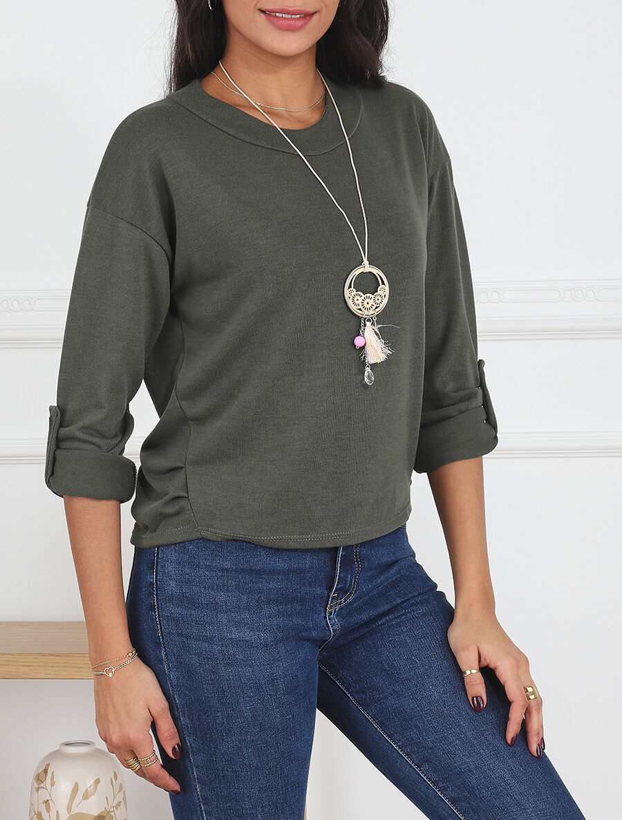 Pull fin uni à col rond - Kaki - 4