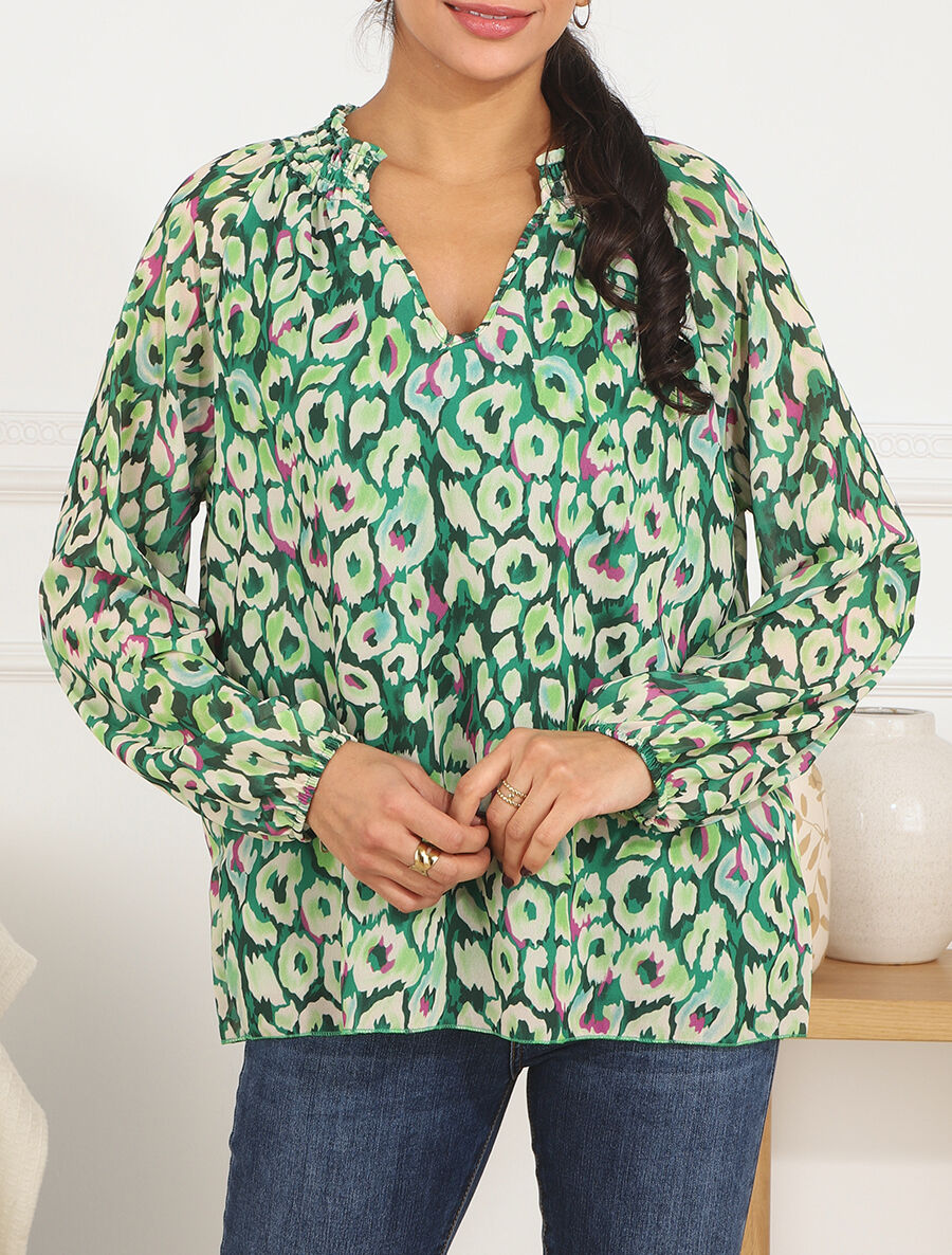 Blouse en voile à imprimé graphique - Vert - 4