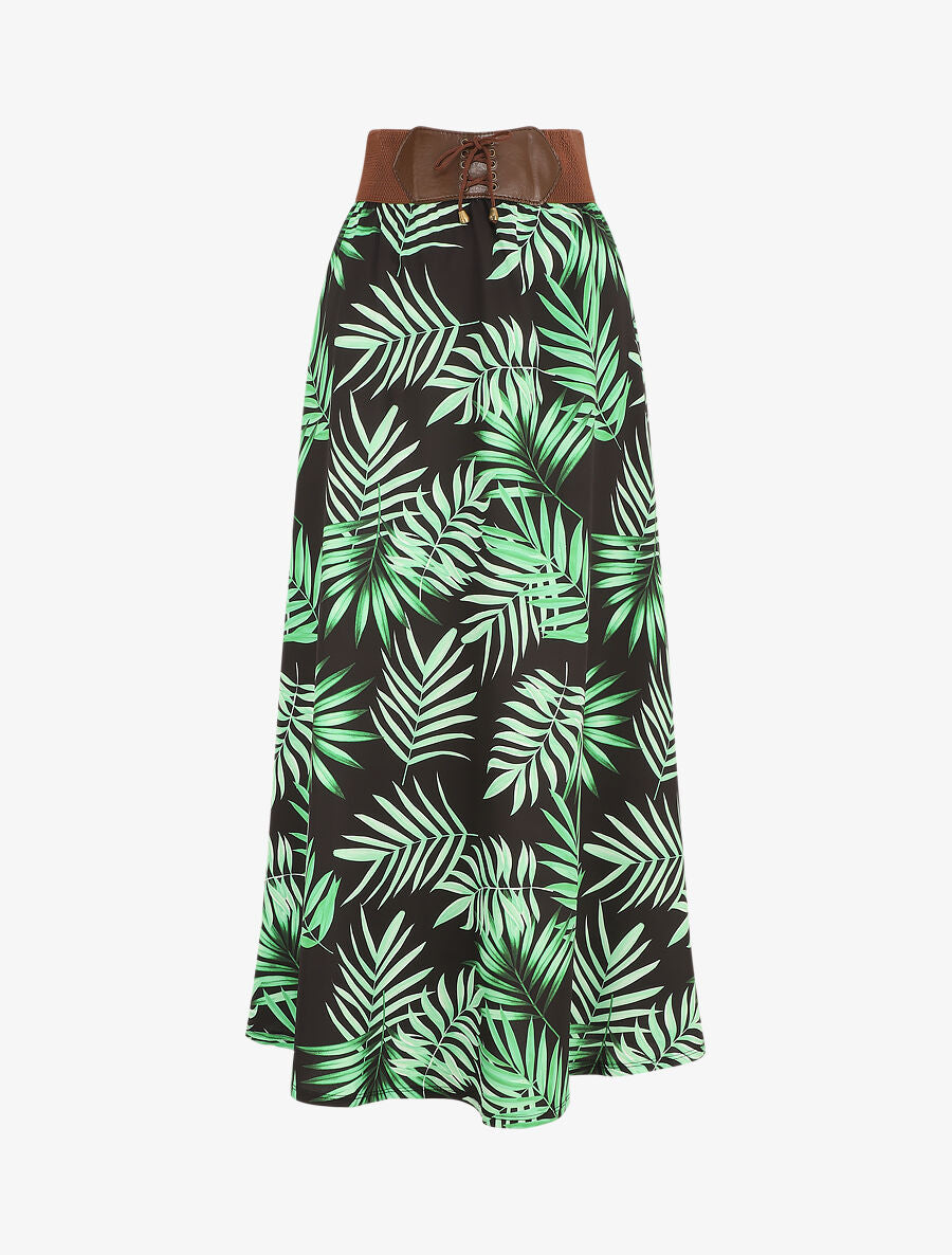 Jupe longue taille haute style corset imprimé tropical - Noir - 4