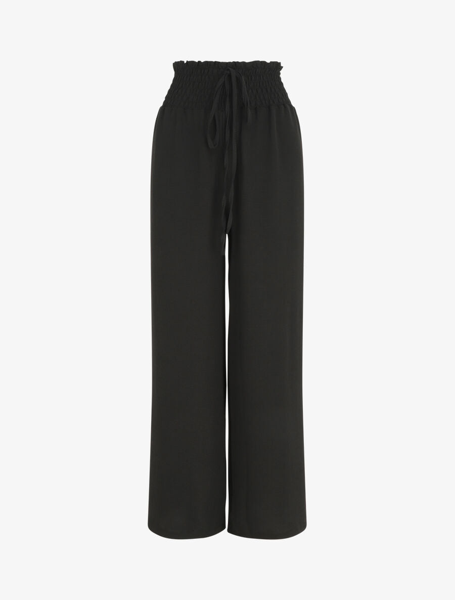 Pantalon uni ample taille haute élastiquée - Noir - 1