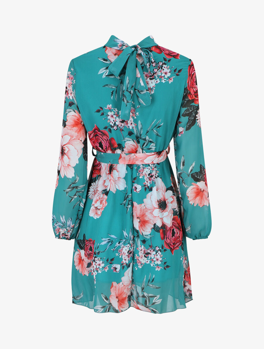 Robe imprimé floral manches longues col montant - Bleu canard - 2