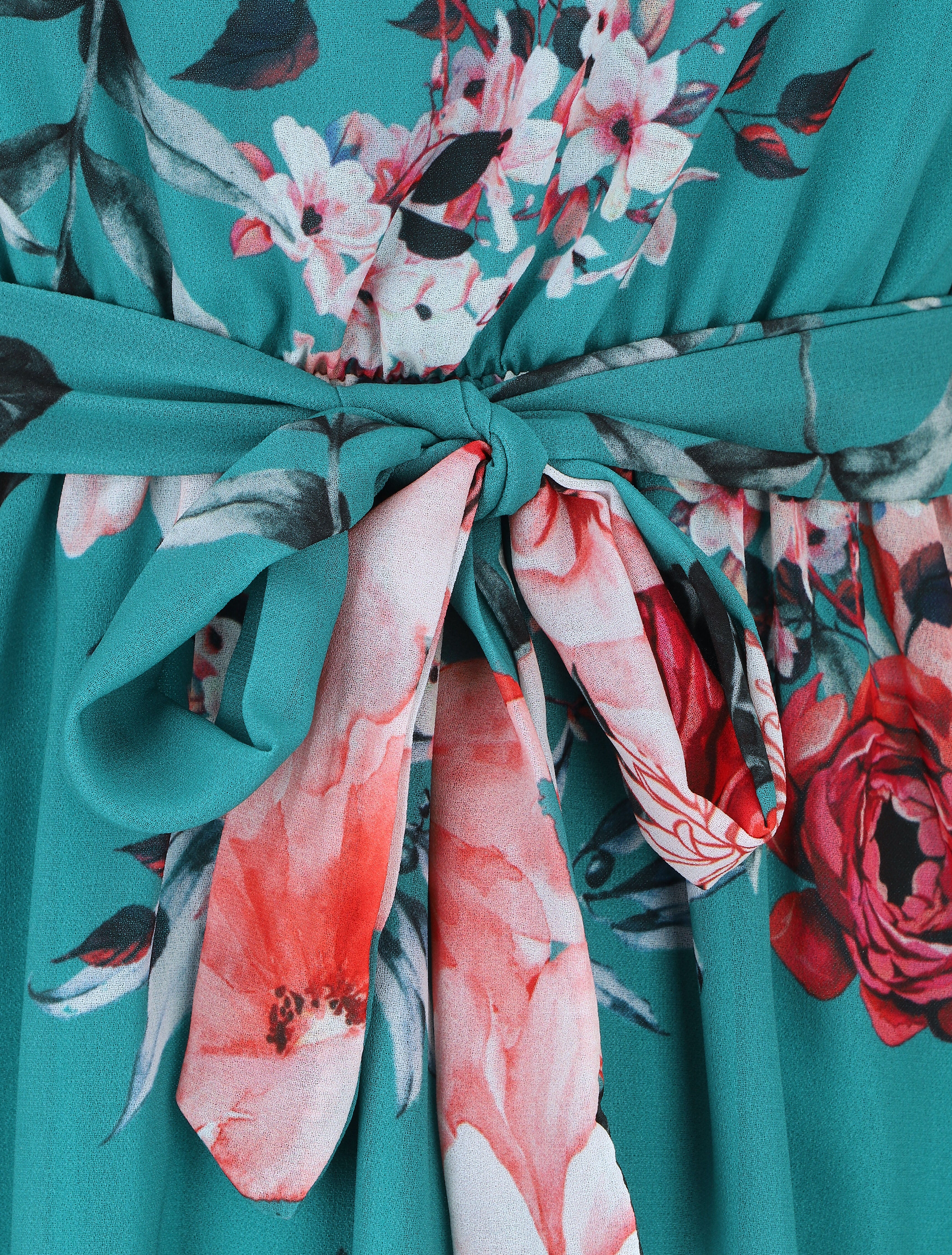 Robe imprimé floral manches longues col montant - Bleu canard - 3