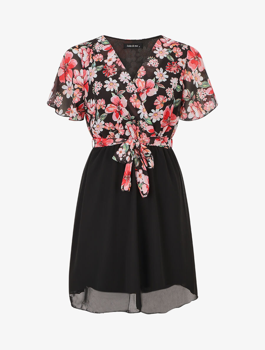 Robe courte imprimé floral col cache-coeur - Noir - 4